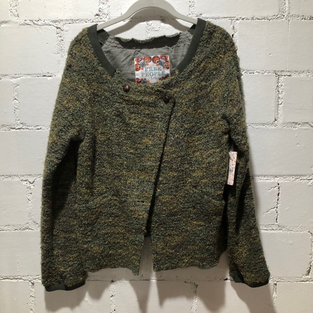 Free People Olive Green Tweed Knit Cardigan